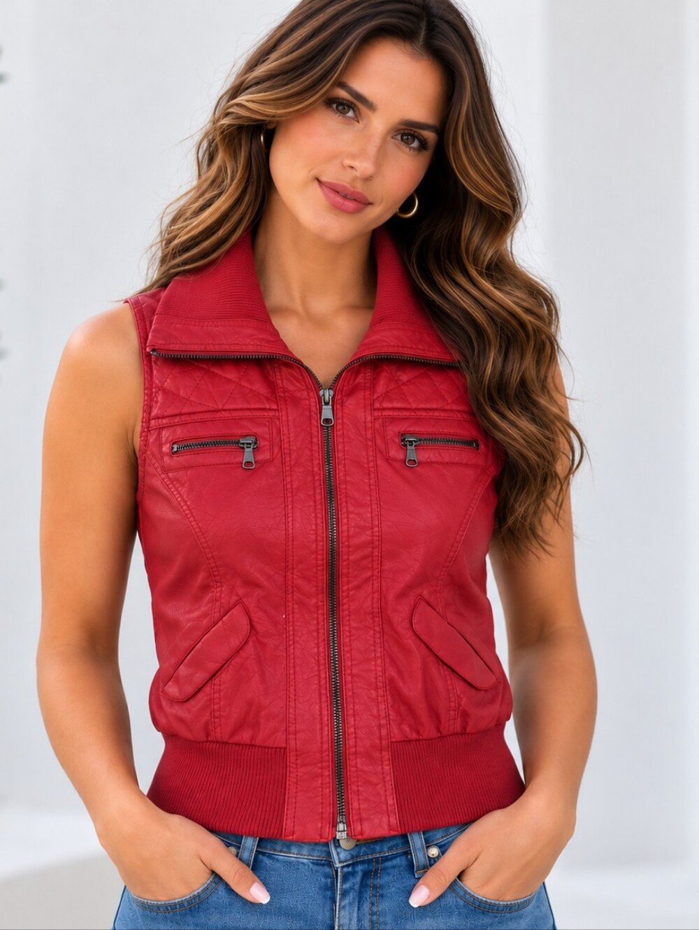 Ci Sono by Cavalini | Faux Leather Red Vegan Leather Vest MEDIUM